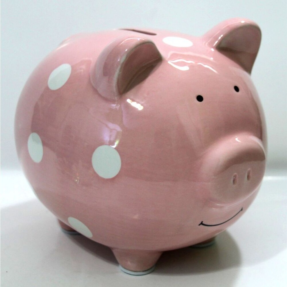 Pearhead Large Ceramic Piggy Bank Pink Polka Dot Kids Boys Girls Nursery Savings
